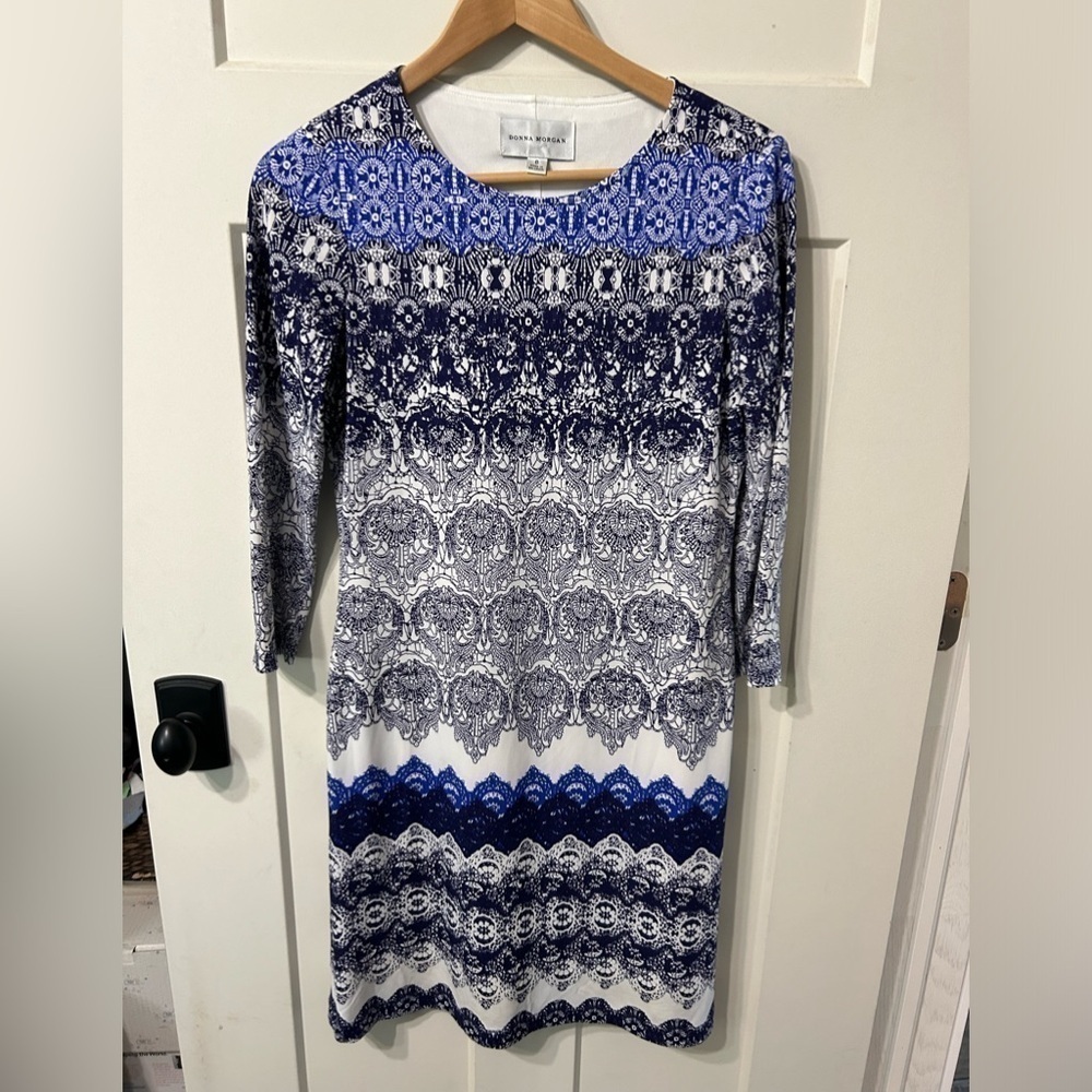 Donna Morgan long sleeve mid length stretch dress shades of Blue pattern